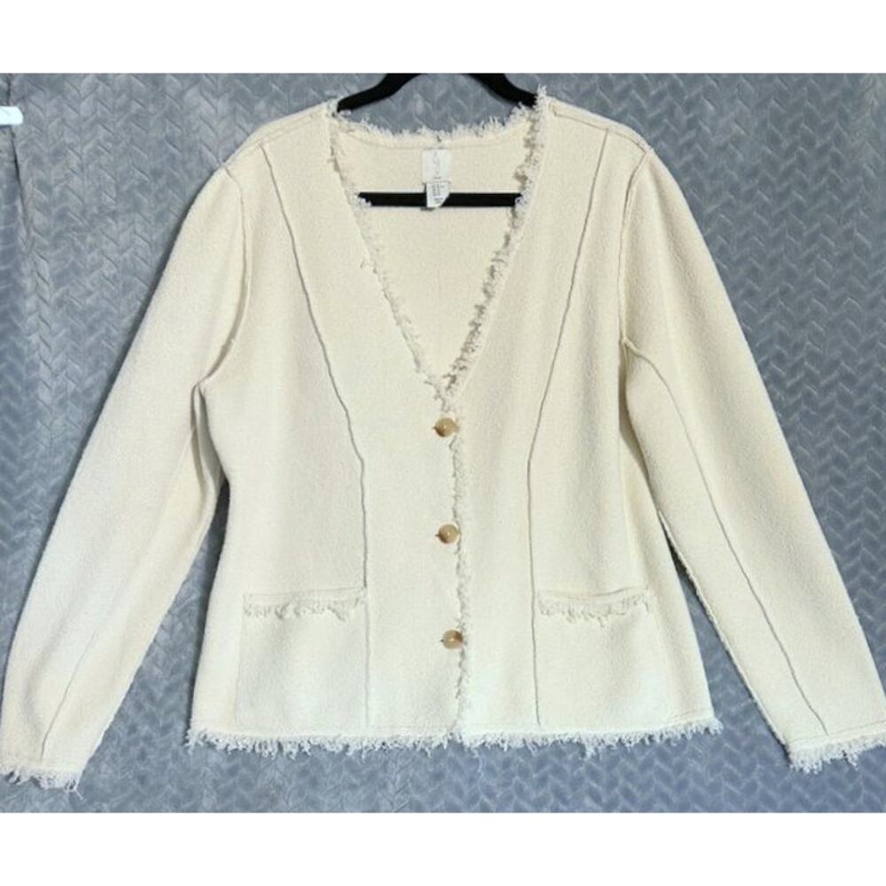 Joie Raw Edge Ivory Cardigan/Jacket XL V Neck Fringe Edge Textured Knit Boucle